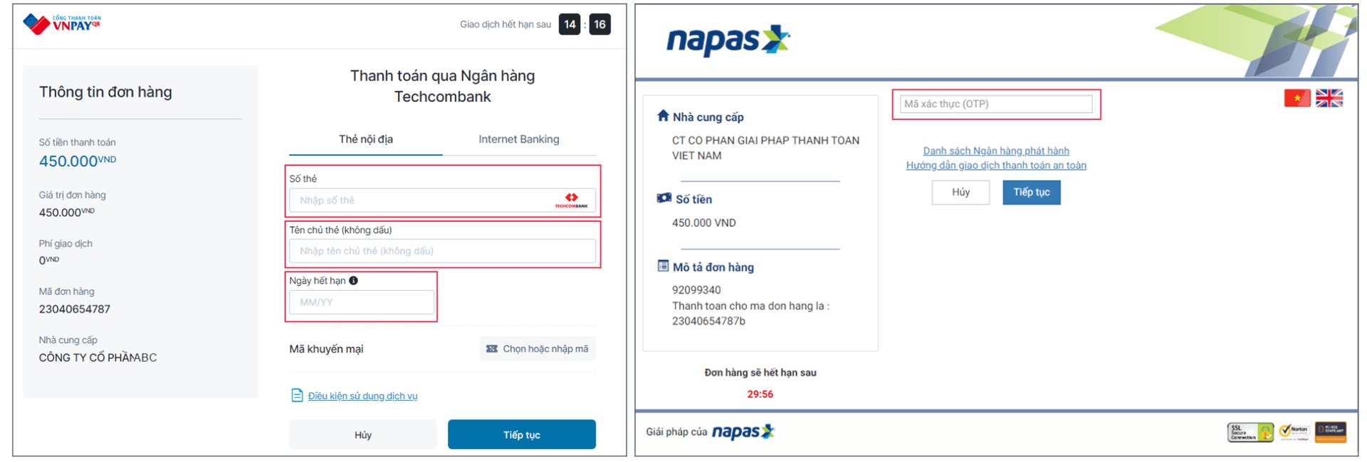 Giao diện thanh toán qua Thẻ nội địa và tài khoản ngân hàng